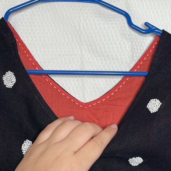 ANTHRO ODILLE Linen Navy Beaded Polka Dot Top, 0 - Picture 6 of 10